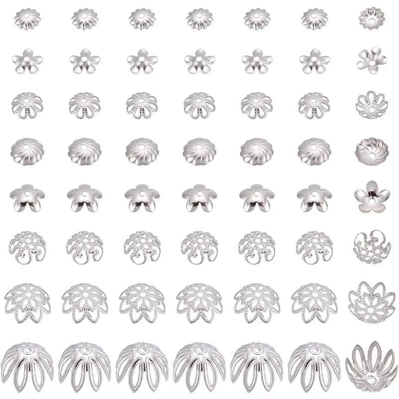 

240pcs 8 Styles Flower Bead Cap Stainless Steel Bead Cap Bails End Charm Caps Filigree End Caps Muiti-Petal Bead Caps Spacer