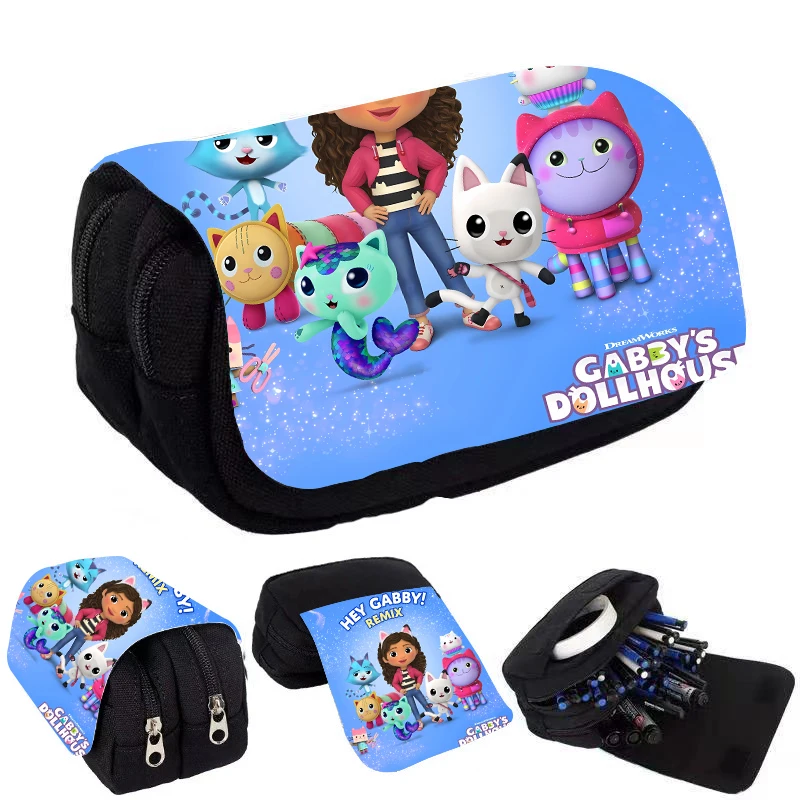 Gabbys Dollhouses Pencil Case Anime Double Layer High-capacity Zipper Stationery Box Storage Bag Pencil Case Kid Birthday Gifts