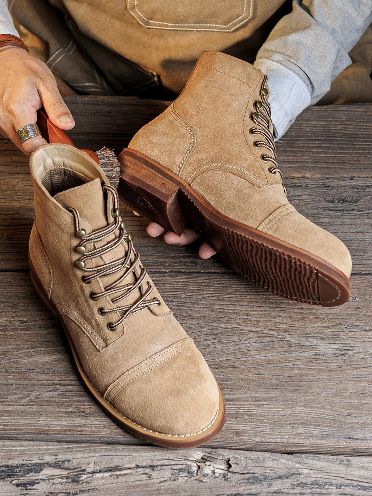 

Ретро-ботинки из натуральной кожи для мужчин, рабочие ботинки, верх из натуральной кожи, резиновая подошва, круглый носок, на шнуровке, молодежные ботинки