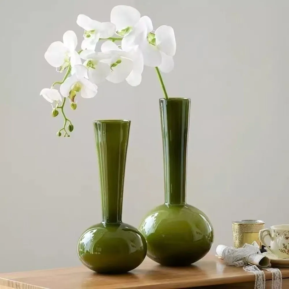 Desktop Flower Ware Olive Green French Vintage Vase Glass Luxury Hydroponic Vase Unique Swan Neck Artistic Planter Living Room
