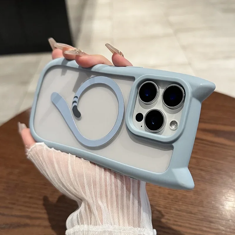 Funda de teléfono Ins Cute Cat Tail Magsafe para iPhone 17 16 15 14 13 11 12 Pro Max, parachoques de oreja de gato, cubierta dura transparente a prueba de golpes para PC