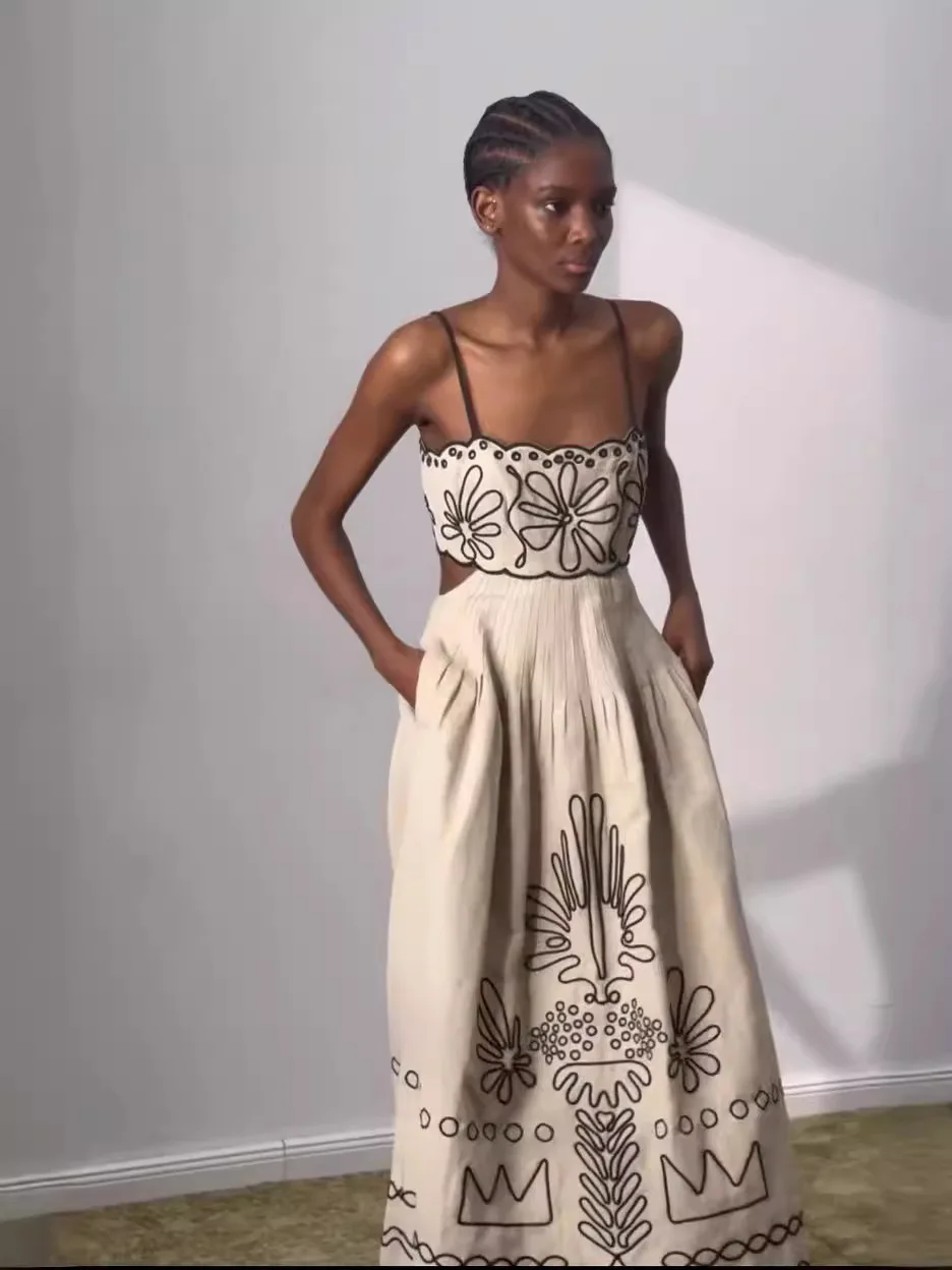 Sexy Linen Midi Evening Prom Dress Spaghetti Strap Cutout Back Embroidered Floral Tribal Pattern Pleated Skirt Pocket Vacation