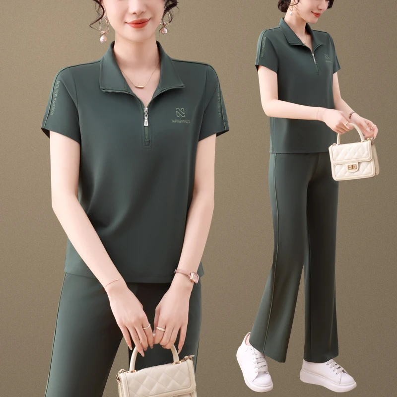 

Summer Faion Loose Fit Sportswear Set Women's Turn-down Collar f Open Cardigan ort Sve Two-piece Set Mom's Clothes