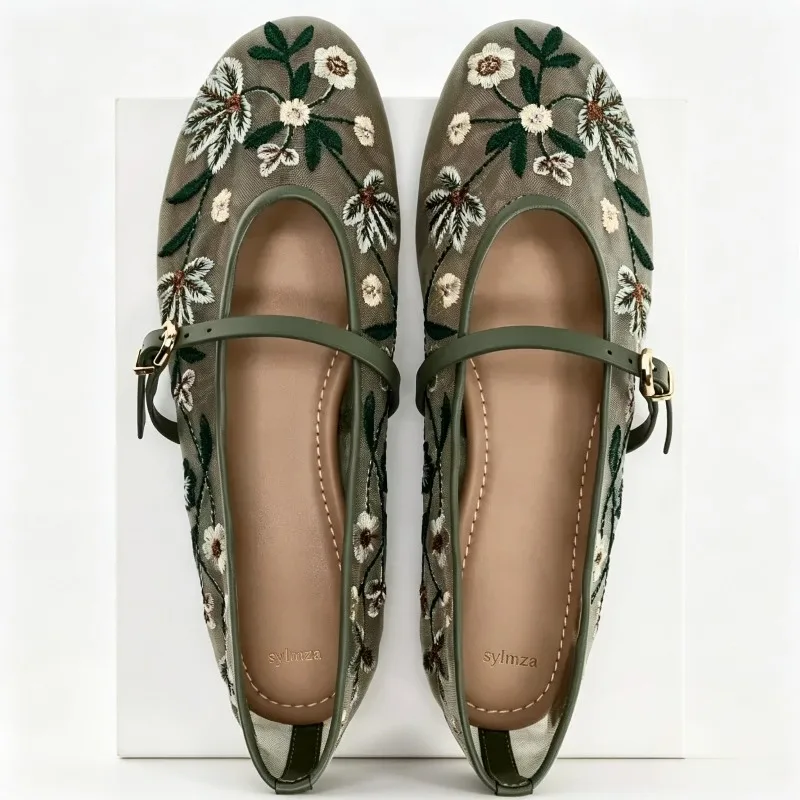 Flower Embroidered Mesh Flats Ballet Shoes Women  Breathable Round Toe Retro Women Shoes Leisure Comfy Designer Mary Jane Shoes