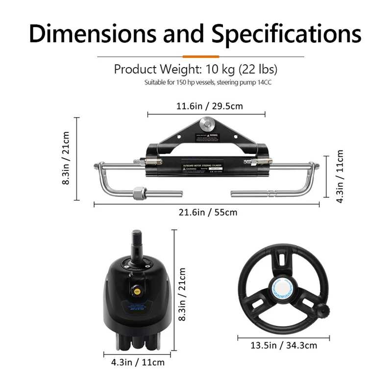 BHS-150 Marine Hydraulic Steering Helm Pump 150 HP Stainless Steel Cylinder, Helm Pump, Hose Boat Yacht Outboard Inboard Helm