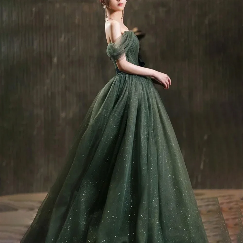 Customized Price Adjustment2024 Dark Green Shiny Formal Dress V Neck Off The Shoulder A Line Evening Gown For Weddings Parties A