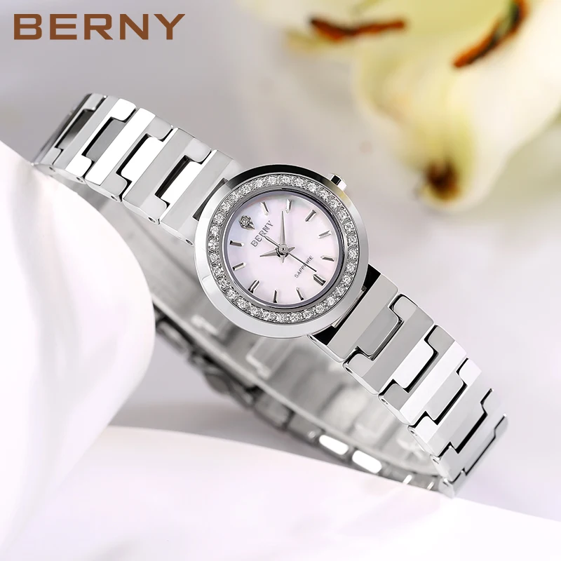 BERNY-Relógio quartzo de aço inoxidável feminino, relógios de pulso safira impermeáveis, Ladies Business Watch, luxo