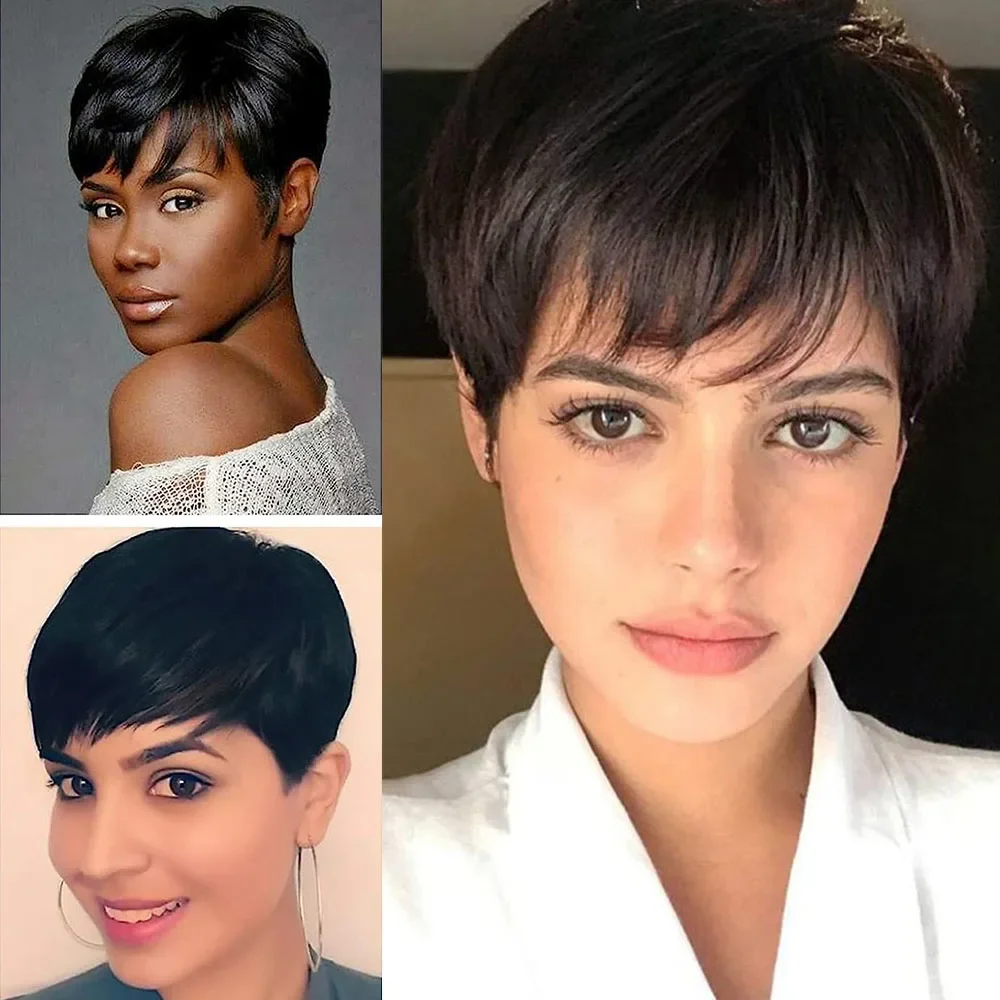 

Pixie Cut Short Wig Cheap Brazilian Remy Human Hair Wigs Straight Hair Full Machine Made Wigs for Black Women 150 Density