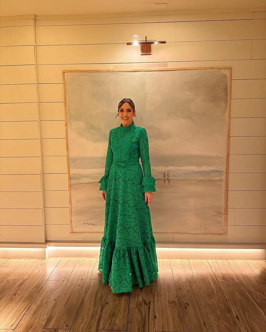 Green Women Evening Gowns Long Sleeves Lace Prom Dresses High Neck Open Back Floor Length Pleated Formal Party Dresses
