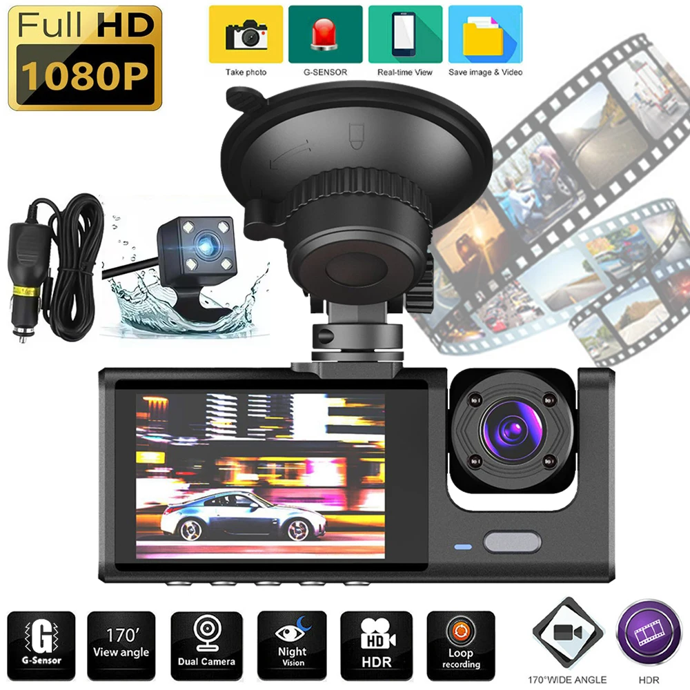 

2 Inch Car Dual Lens Dash Cam HD 1080P Front/Rear/Inside Video Recorder Camera G-sensor with Night Vision Monitoring Car DVR