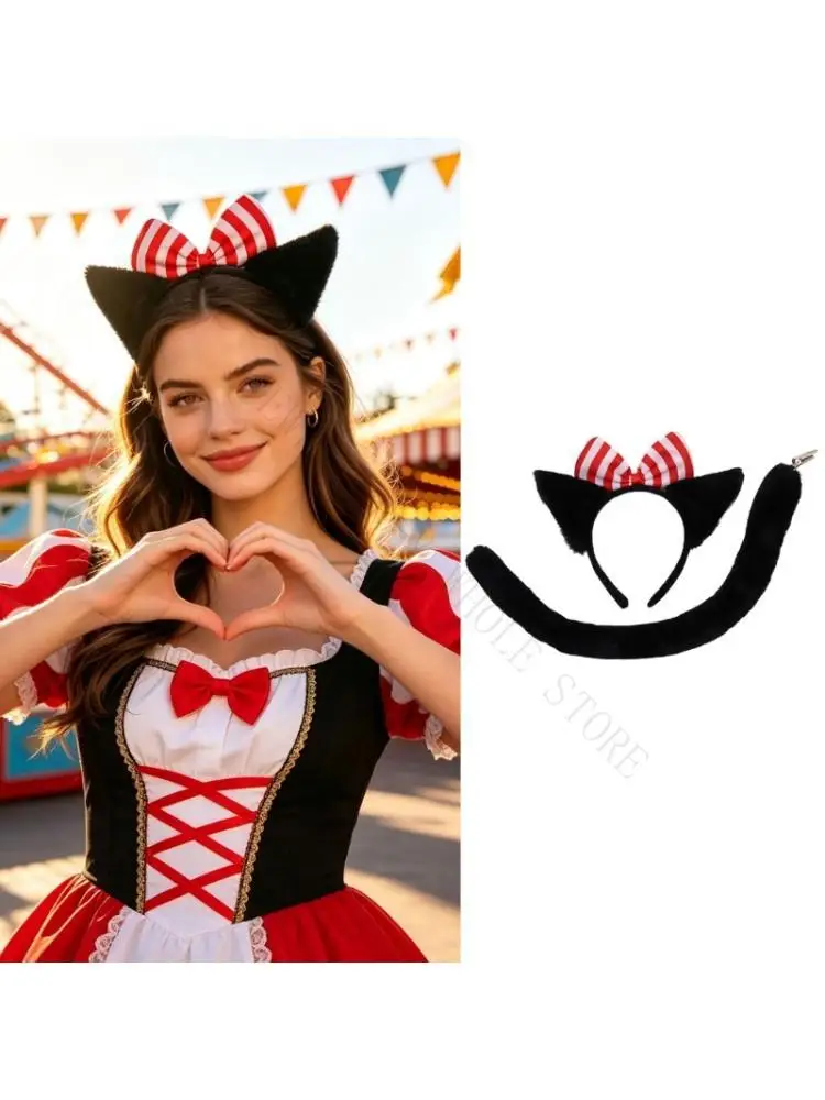 R7UF Photo Prop Costume Accessory Set with Animal Ears Hair Band and Tail for Themed Party Looks and Cosplay Styling