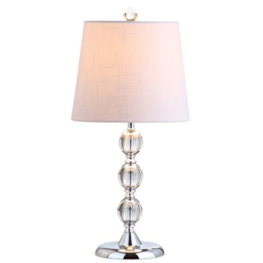 

20" Clear Crystal Mini LED Table Lamp, Chrome Modern Traditional Bedside Lamp with White Linen Drum Shade for Living Room Bedro