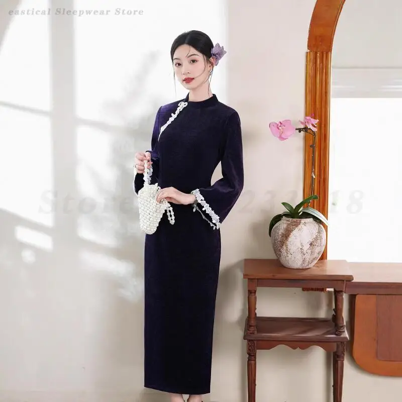 أنيقة الكلاسيكية الإناث طويلة تشيباو مثير سليم سبليت شيونغسام خمر الدانتيل اليوسفي طوق فستان صيني تقليدي Vestidos