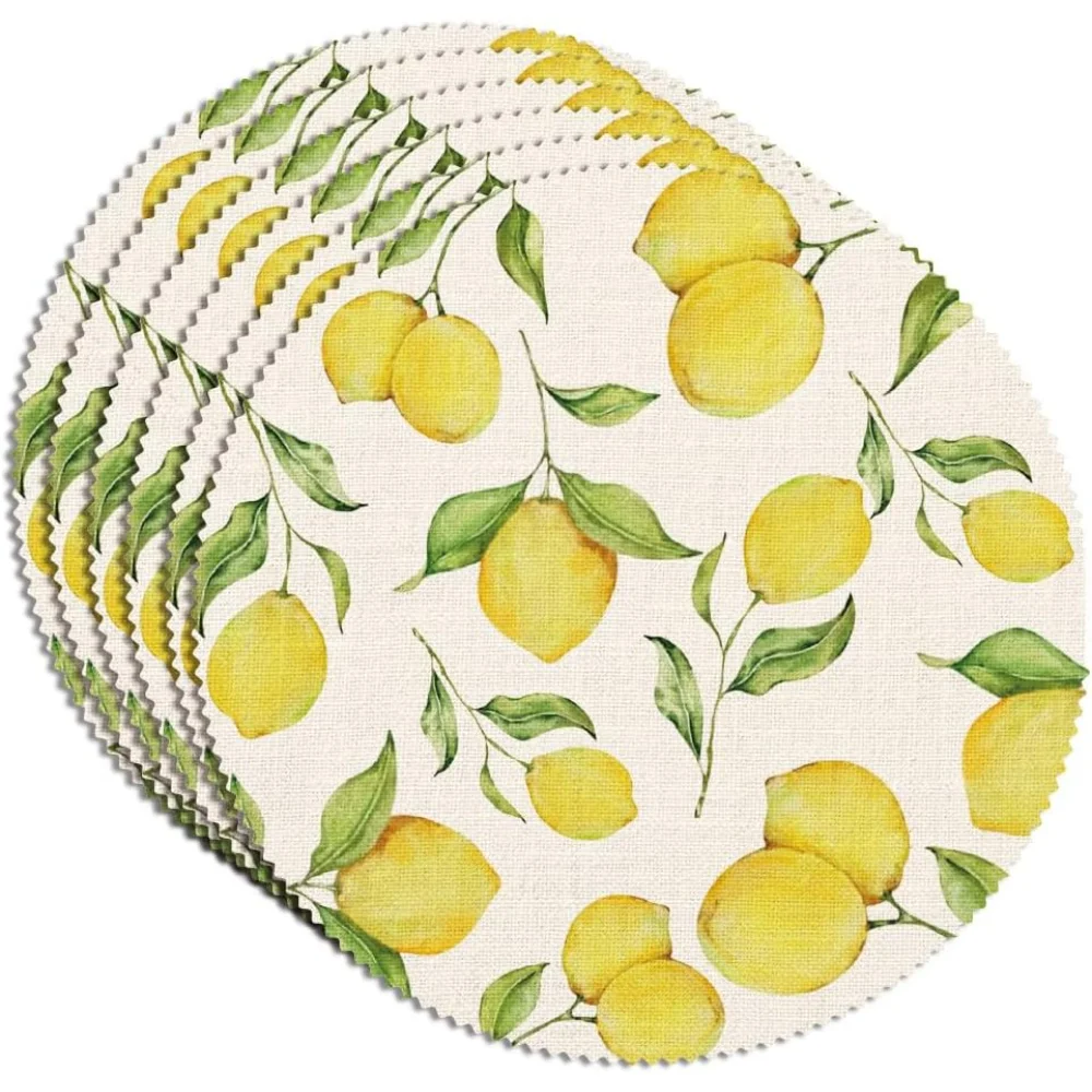 Napperons au citron, 6 pièces, 15x15 pouces, ronds, antidérapants, lavables, en lin, pour Fruits, citron, pour Banquet de vacances