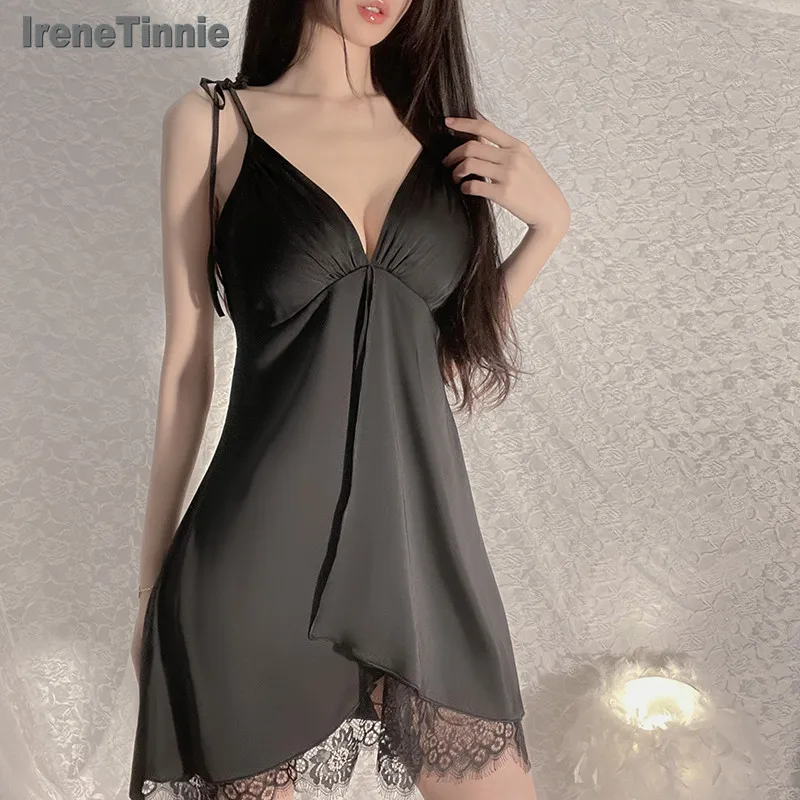 IRENE TINNIE Lace Temptation Backless Dress Women\'s Sling Lingerie Erotic Clothing Babydoll Nightdress Backless Deep V Sleepwear