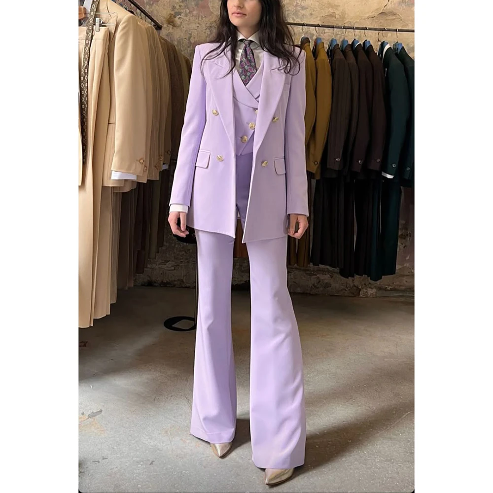 

Роскошный женский костюм из трех предметов, комплект индивидуального размера, двубортный пиджак с лацканами, расклешенные брюки, комплект офисной женской одежды Daliy