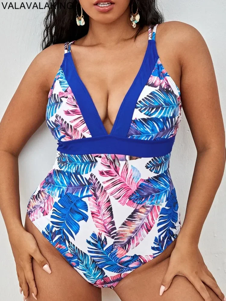 

Valavalaking 2025 Sexy Print Plus Size Swimwear Women V Neck Large Big One Piece Swimsuit Curvy Back Cross Chubby Bathing Suit