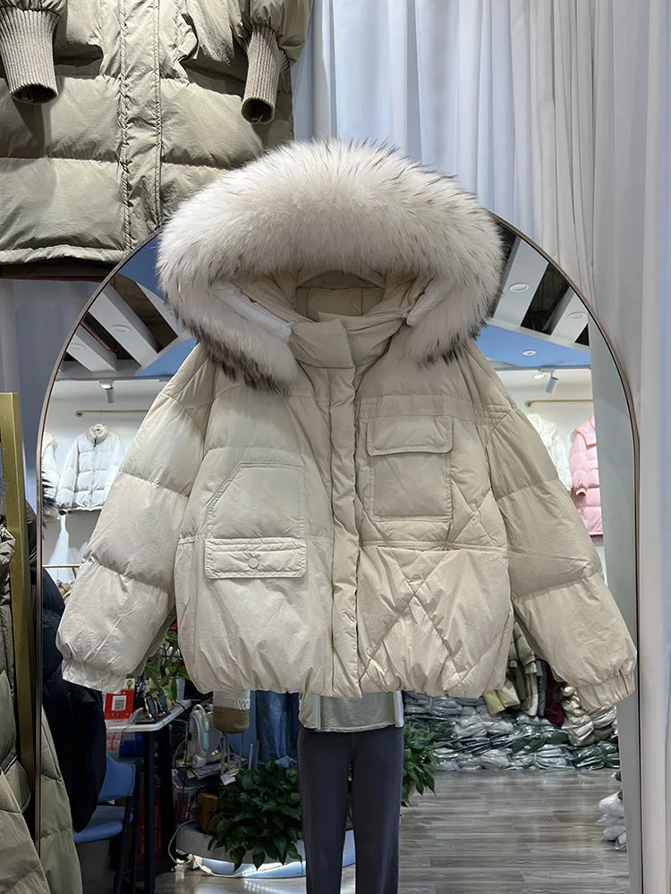 Natural Raccoon Fox Fur Hooded 2023 Winter Down Coat Women Waterproof White Duck Down Jacket Puffer Female Feather Parkas