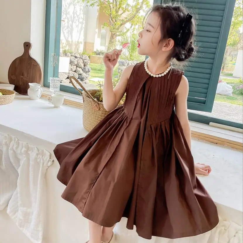 Children Dress 2023 Summer New Korean Fashion Sleeveless Girl's Dress 3-16 Years Kids Princess Coffee Dress Wz1109