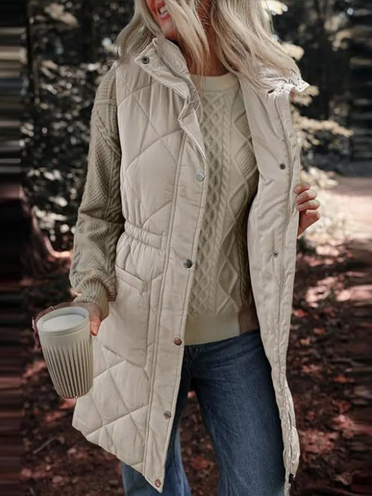 Women's Casual Winter Long Puffer Vest Stand Collar Sleeveless Puffy Jackets Coat with Pockets