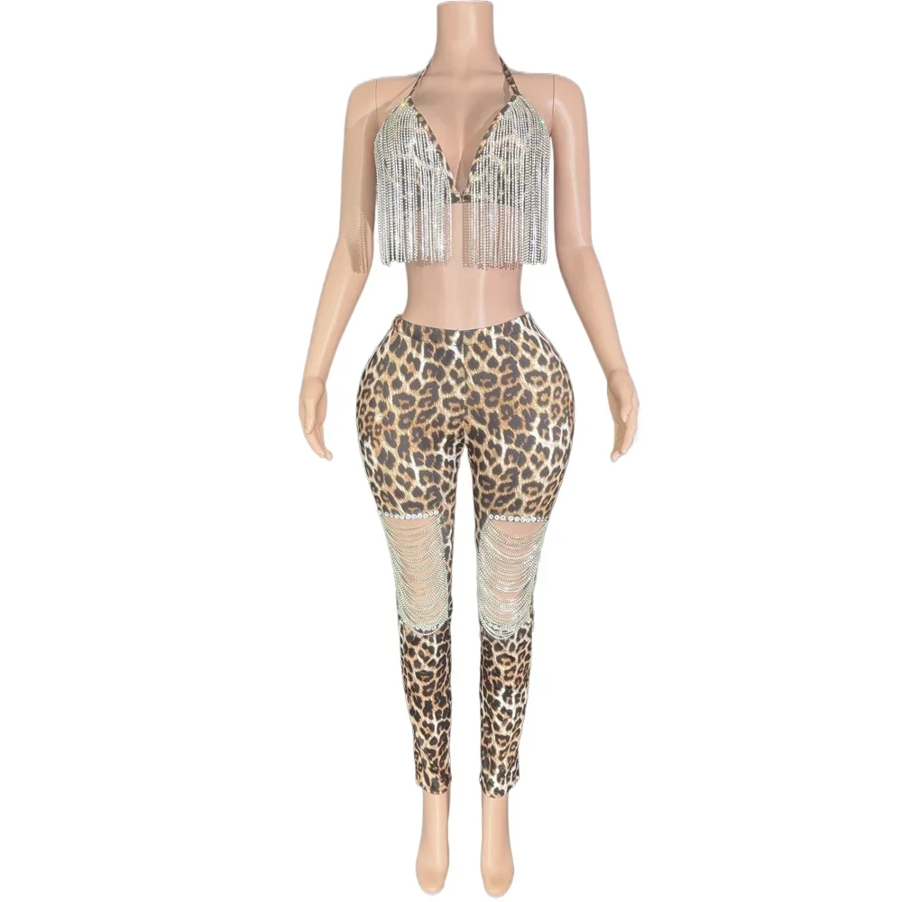 Conjunto de biquíni com estampa leopardo para mulheres, correntes de strass brilhantes, roupa sexy de palco, boate, 2 peças