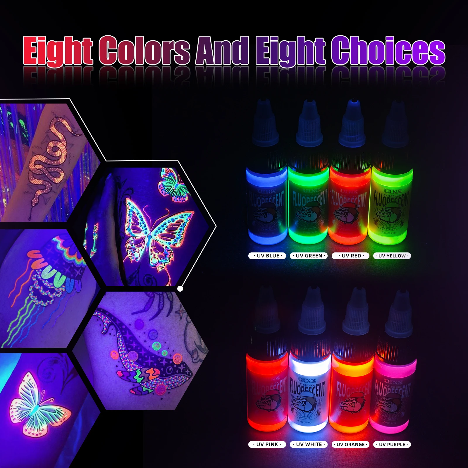 DQFART 8 ألوان الأشعة فوق البنفسجية الفلورسنت الوشم الحبر عديم الرائحة هيئة الفن المهنية الوشم الصباغ مثالية لفن الجسم والشخصية
