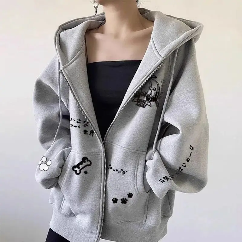 

Goth Harajuku Printed Cardigan Black Hoodie Women Winter College Style Hooded Zipper Top Hip Hop Aesthetic Grunge Sweatshirt Y2k