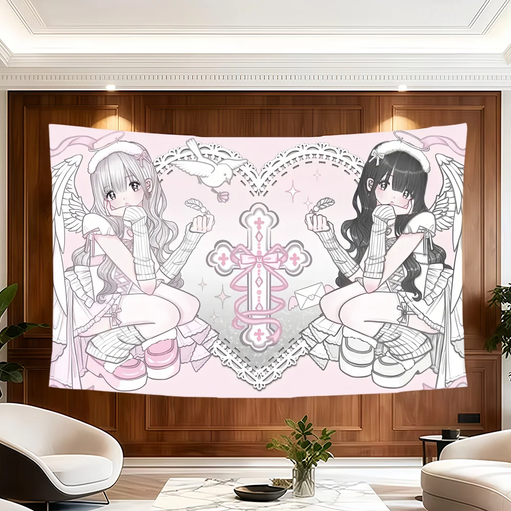 VIKAMA Pink Sweet Gemini Angel Girl Tapestry Wall Hanging Home Decor for Bedroom Living Room Dorm Cute Lolita Aesthetic