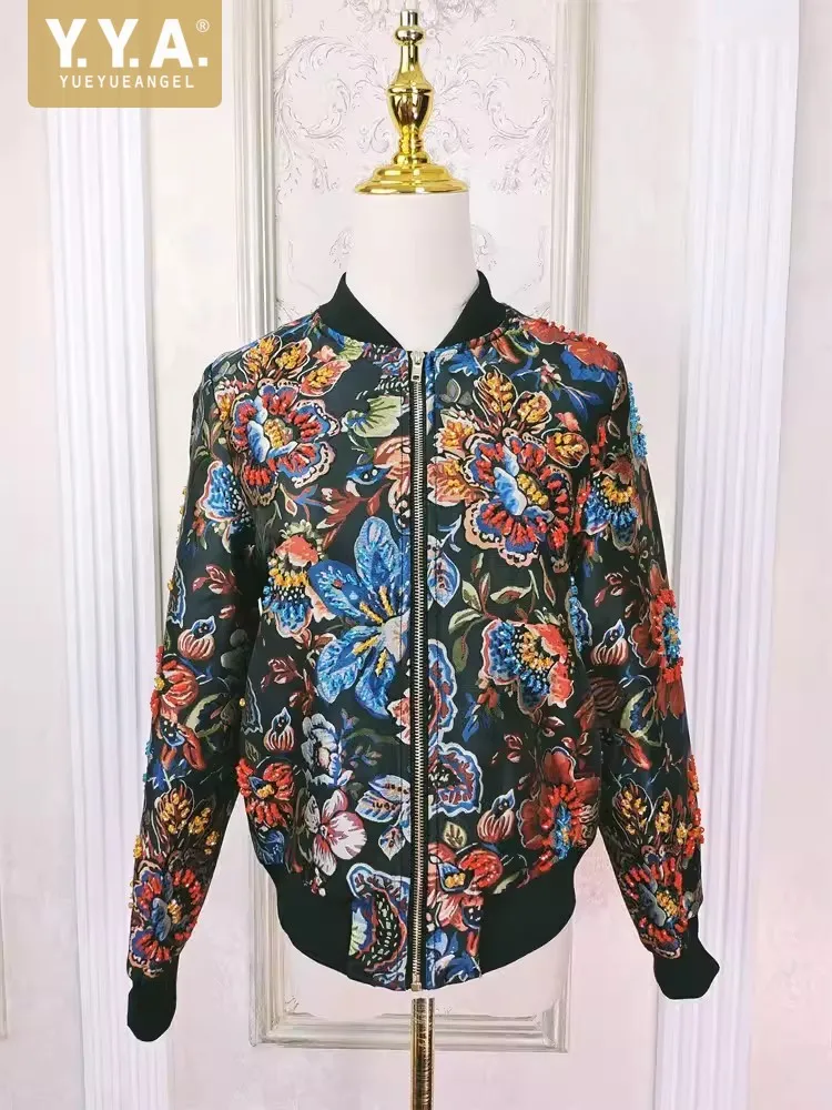 Spring Vintage Flowers Printed Bomber Jacket Stand Collar Long Sleeve Casual Outerwear Zipper Fashion Beading Short Coat Female