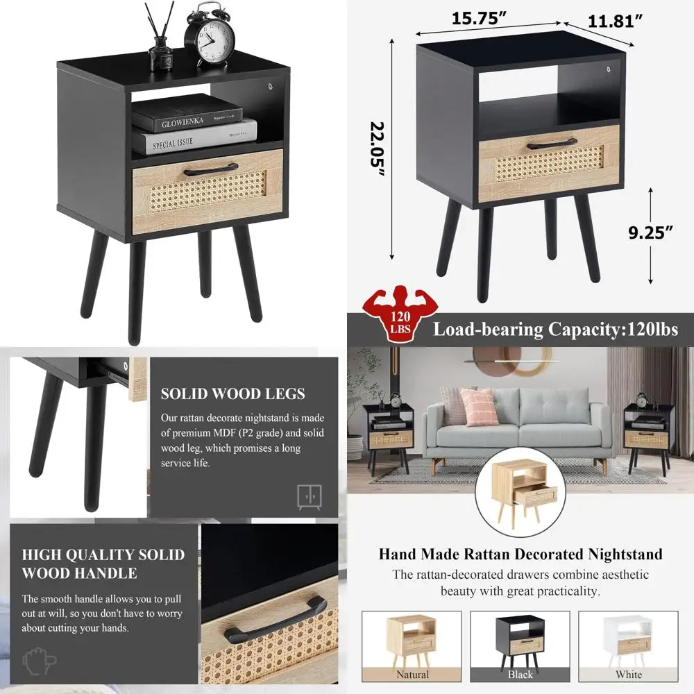 

Тумбочки в стиле ротанга с плетеным ящиком и полкой, ножками из массива дерева, идеально подходящими для использования прикроватных или торцевых столиков.