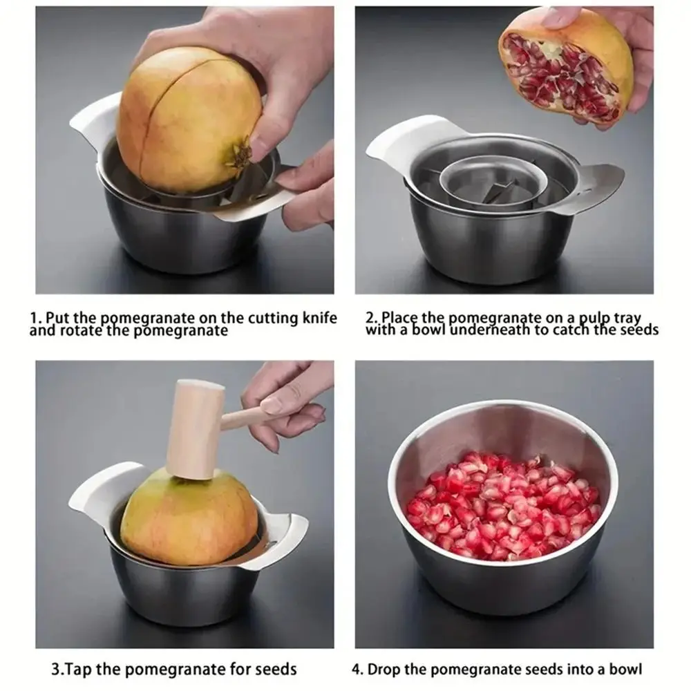 Stainless Steel Pomegranate Peeling Pulp Separator Bowl Non-slip Pomegranate Seed Remover Durable Wooden Hammer