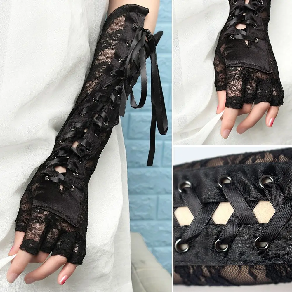 

1 Pair Women Fingerless Party Cosplay Ritual Dance Halloween Gloves Lace Gloves Punk Gothic Mittens Silk Ribbon