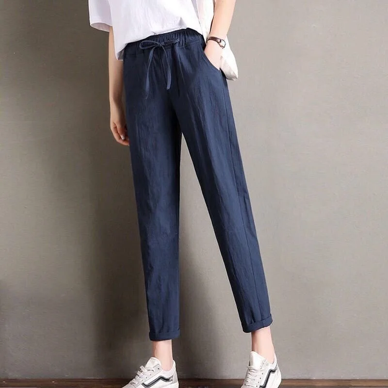 Women's Cotton-Like Linen Nine-Foot Harlan Pants High Waist Loose Slimming Straight Leg Casual Small Foot Pants