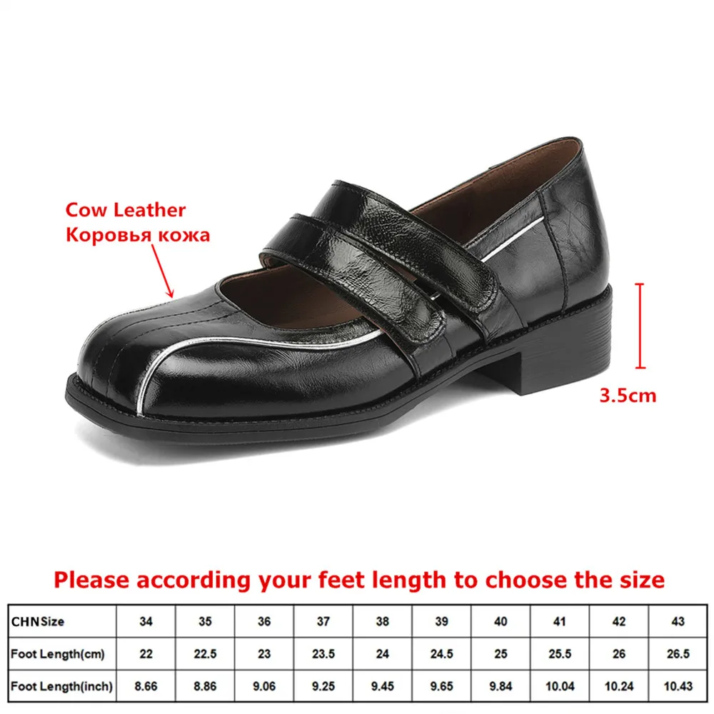 MILI-MIYA Women's Round-Toe Cowhide Leather Casual High-Heel Shoes With Chunky Heel And Velcro Fastening Big Size 34-40 Handmade