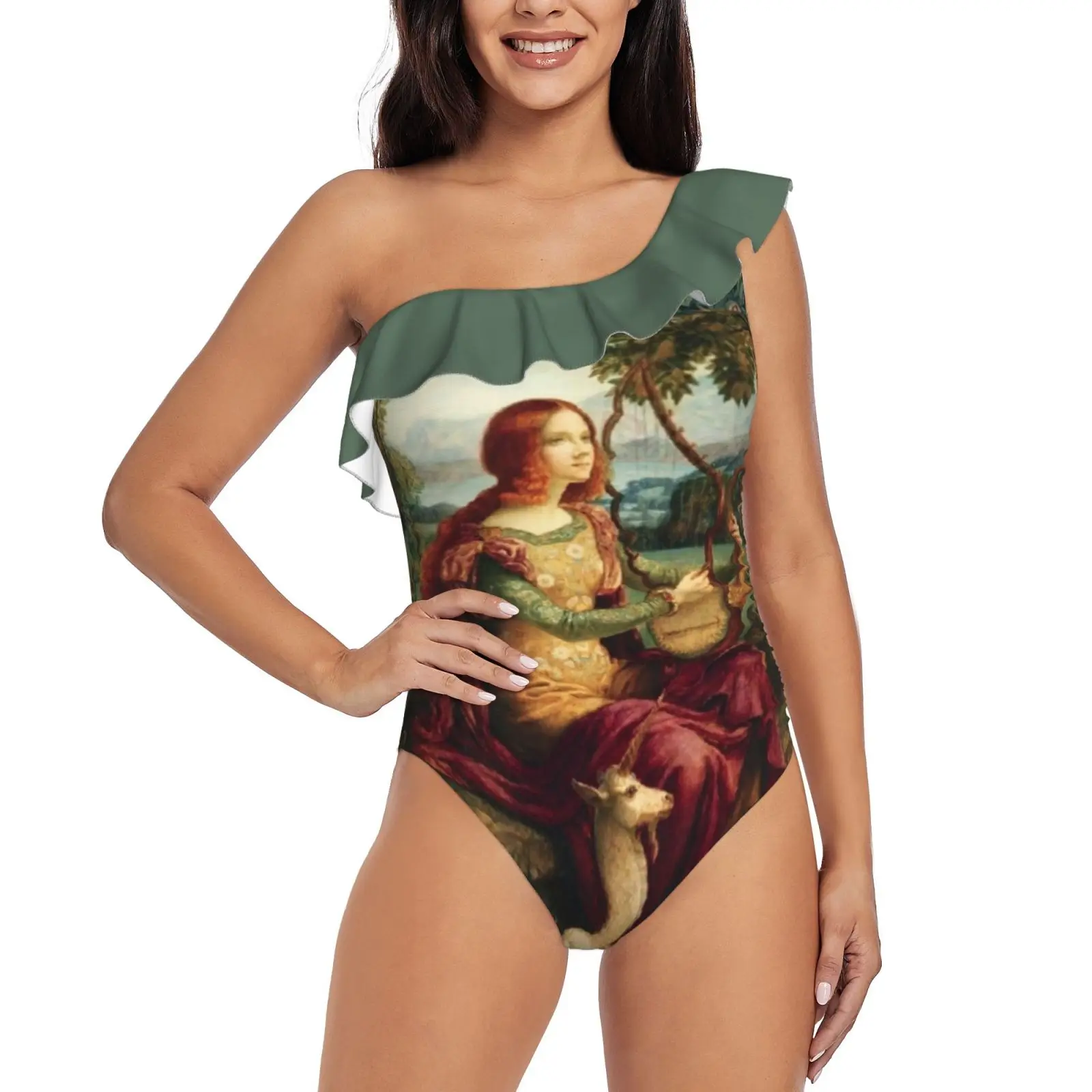 Unicorn And Lady Playing Lyra , Forest Animals , Fox , Does Sexy Print Swimwear Women One Piece Swimsuit Female Monokini