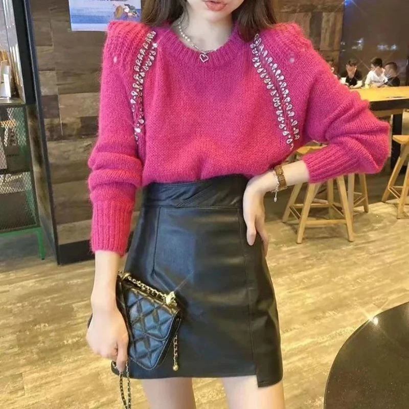 

Torn Knitted Sweaters for Women Korean Style Japanese Basic Sueters De Mujer Cheap Top Sale All with Rhinestones Female Pullover