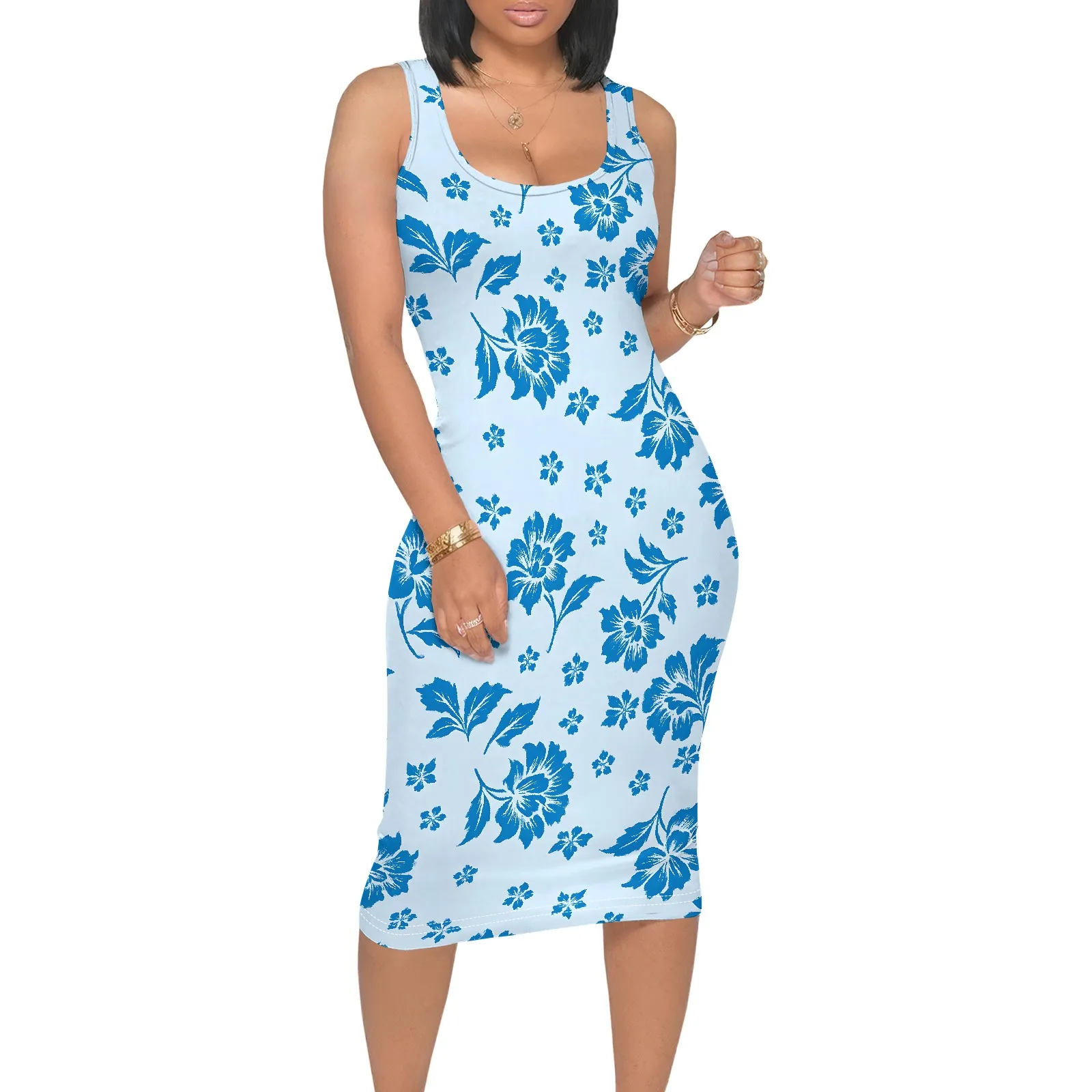 ผู้หญิงฤดูร้อนสบายๆชุดเดรสแขนกุดสแควร์คอ SLIM FIT น่ารักเซ็กซี่ Bodycon Sundress Beach Midi Dress