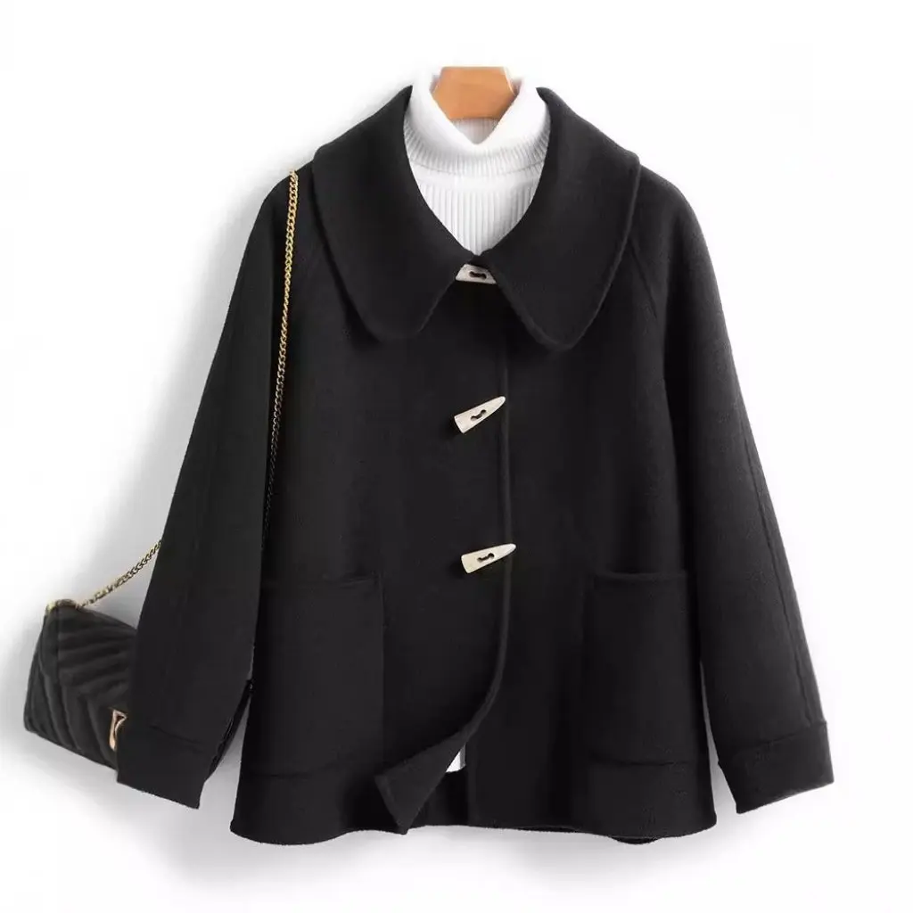

Women's 100% Pure Wool Double-Sided Tweed Coat with Doll Collar And Corner Buckle Fashionable Top for Autumn/Winter