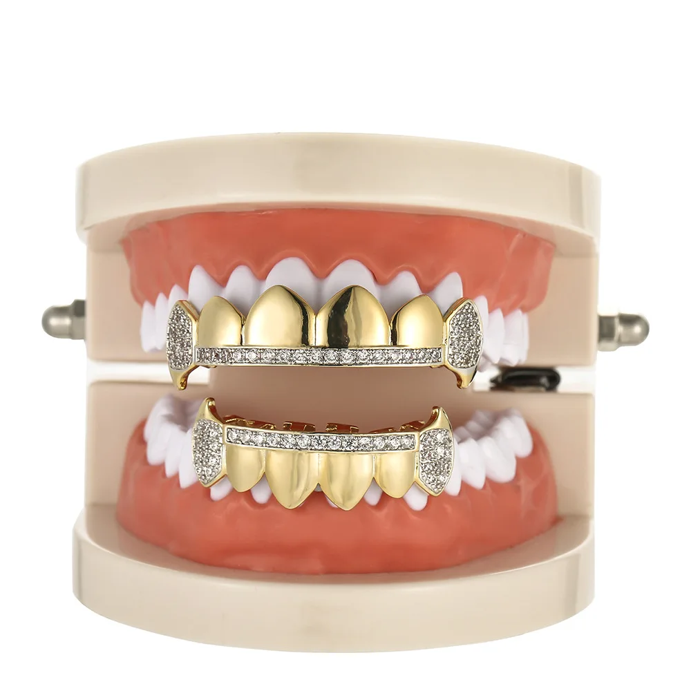 Tapas de circonia cúbica para hombres y mujeres, juego de parrillas con encanto superior e inferior, CZ Teeth Grillz, Iced Out, Micro Pave, rapero, regalo de joyería