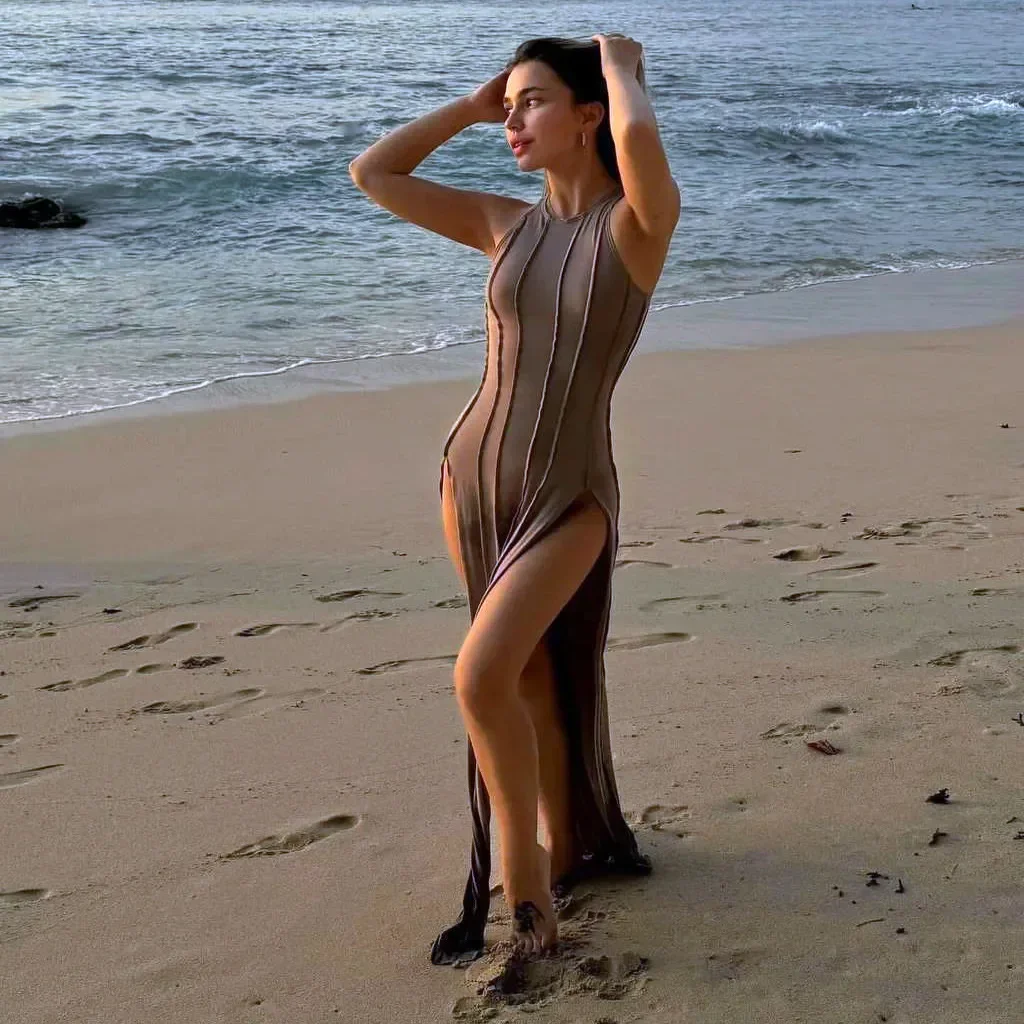 Vestido Sexy VestDress a rayas con doble abertura, vestido largo ajustado sin mangas de cintura alta para mujer, vestido informal de playa para mujer de verano