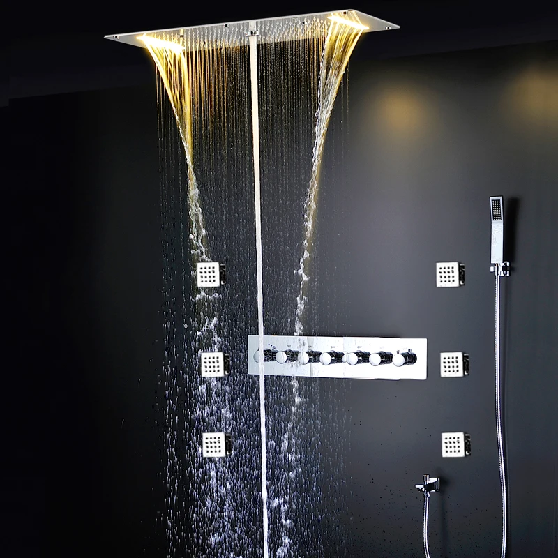 Thermostatic 6 Functions Shower System Led Rain Waterfall Column Mist Shower Head Body Jets Massage 2 Inch High Flow Shower