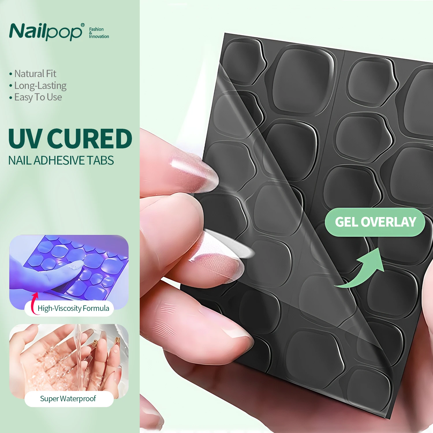 Nailpop UV-gehärtete Nagelkleberlaschen, 10 Blatt, superklebrig und atmungsaktiv, doppelseitig, Gelee-Nagelkleberlaschen für künstliche Nägel, 240 Stück