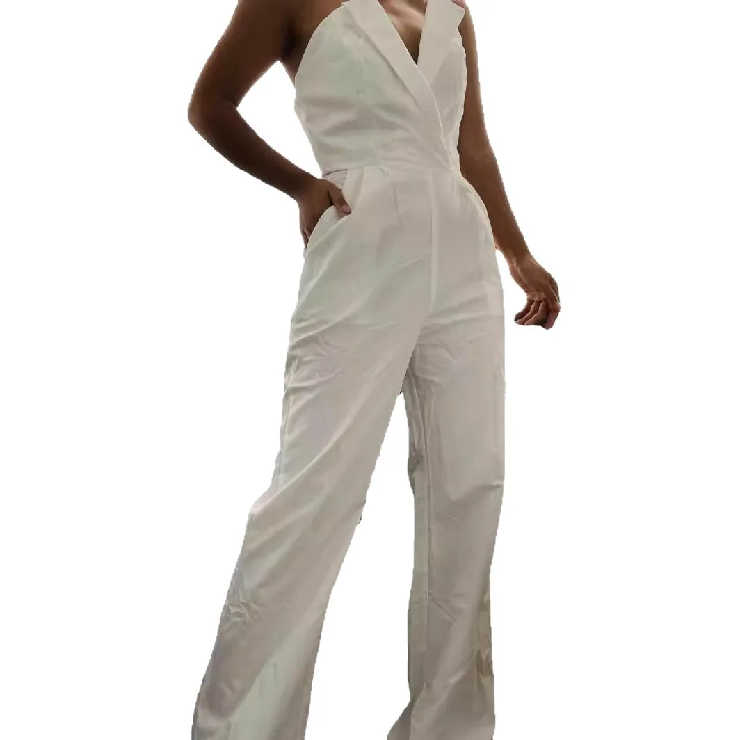 Women's Elegant Jumpsuit Sleeveless V Neck Straight Leg Jumpsuits Ethnic Style Solid Color Romper Black Wide Leg Pants Long