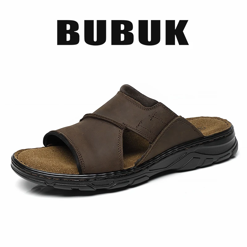 Bubuk メンズ本革スリッポンスリッパ、第一層牛革ビーチサンダル、カジュアルメンズシューズ、アーチサポート補正、屋内外着用に適しています