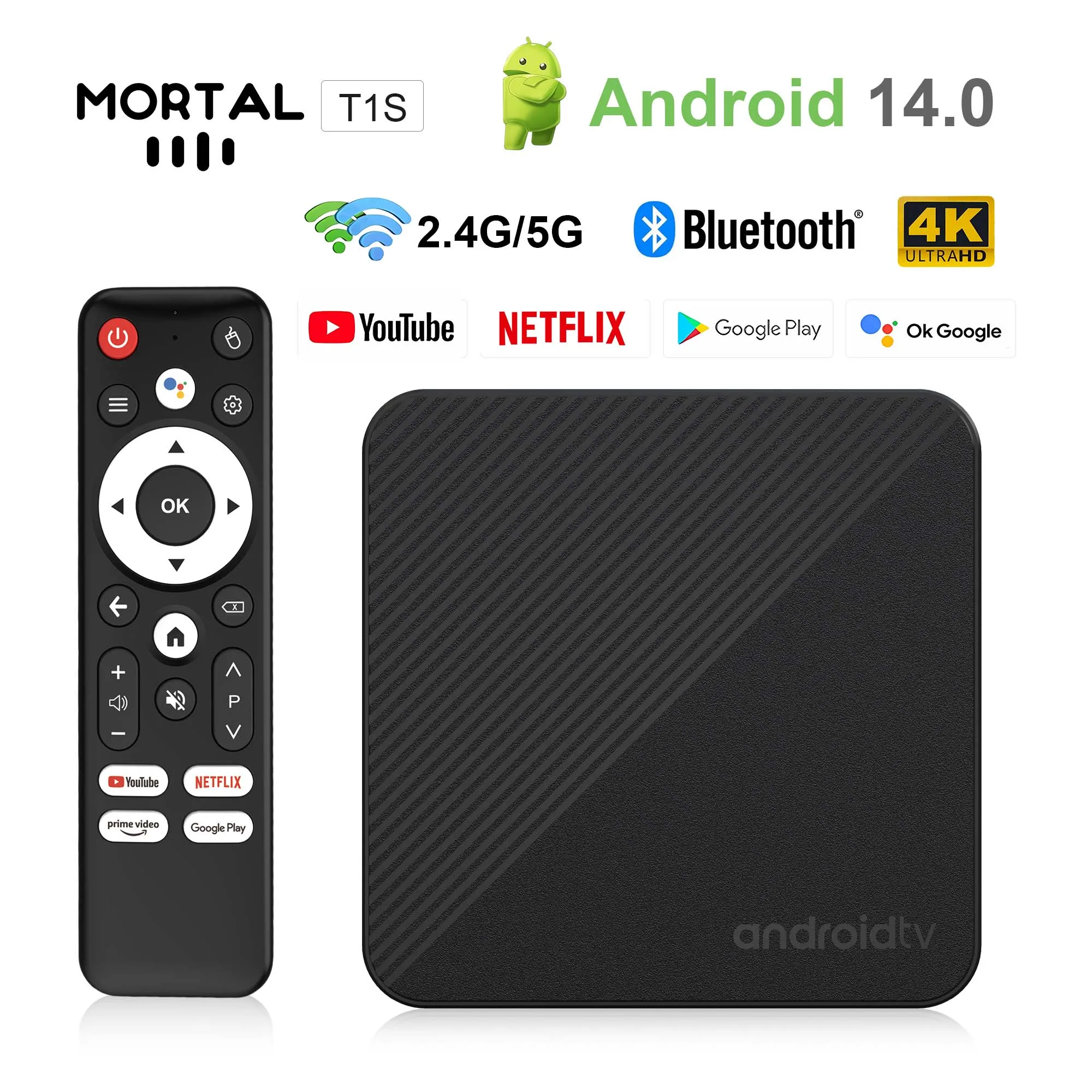 

Global Smart Android TV Box Mortal T1s AllwinnerH313 Google Voice Control 4K 2.4G/5G WiFi BT5.0 Video Set Top Box Media Player