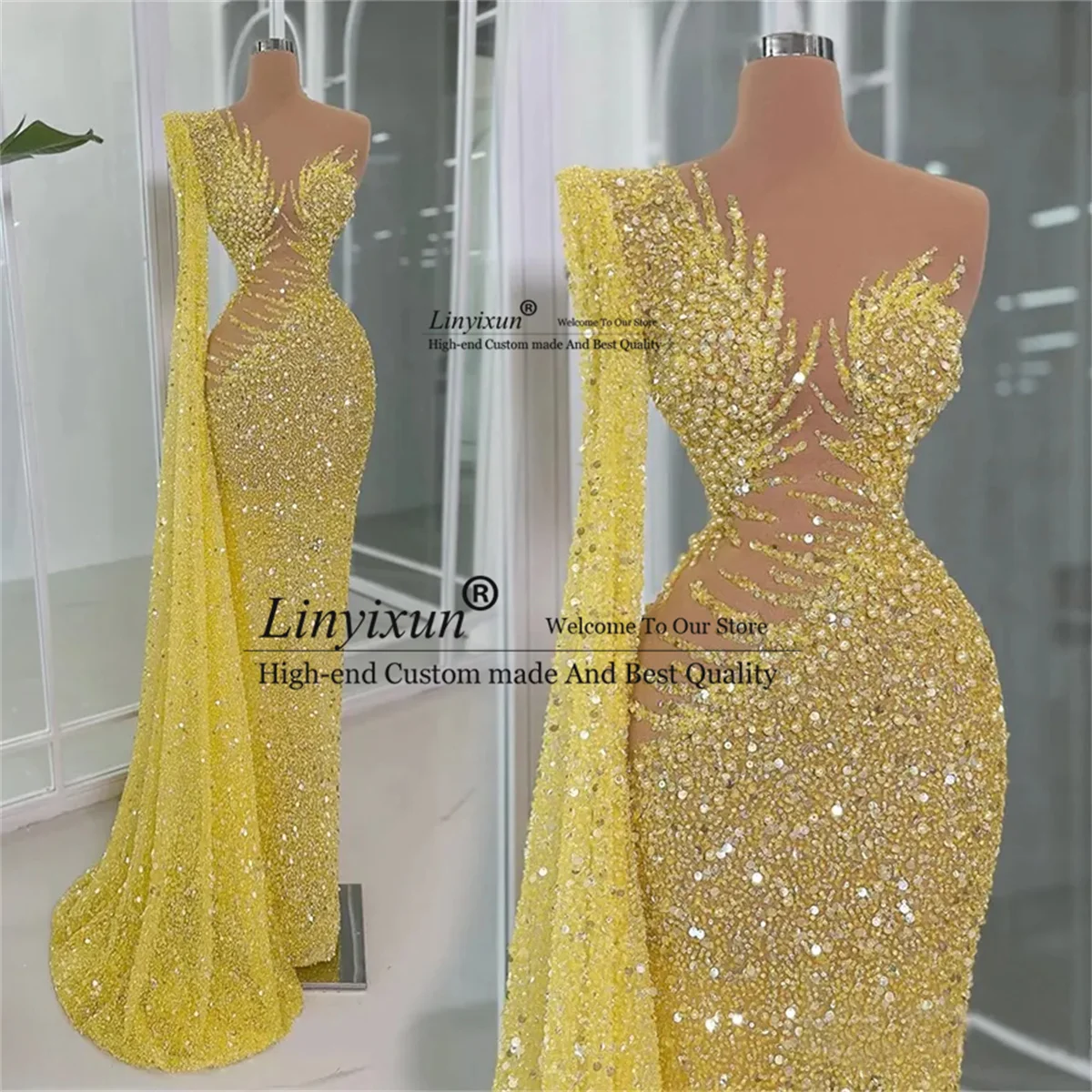Sparkly Sequins Pearls Prom Dresses With Cape Mermaid Party Dress Long African Aso Ebi Evening Gowns vestidos de gala Customized