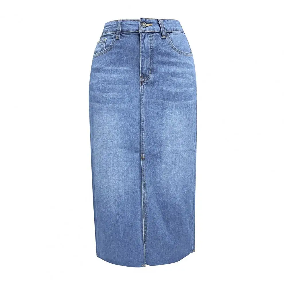 

High Waist Denim Skirt Buttons Zipper Fly Pockets A-Line Skirt Front Center Slit Design Midi Skirt Women 20242 Streetwear