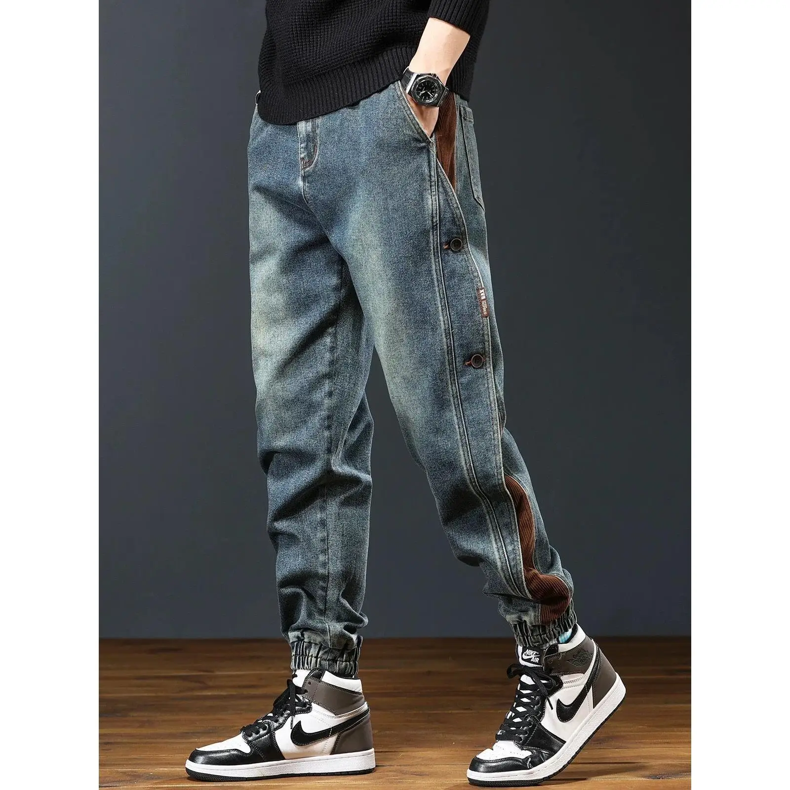 

Джинсовые джинсы с талией, мужские модные свободные брюки большого размера в американском стиле ретро, осенне-зимние длинные брюки, модные Ci Sle