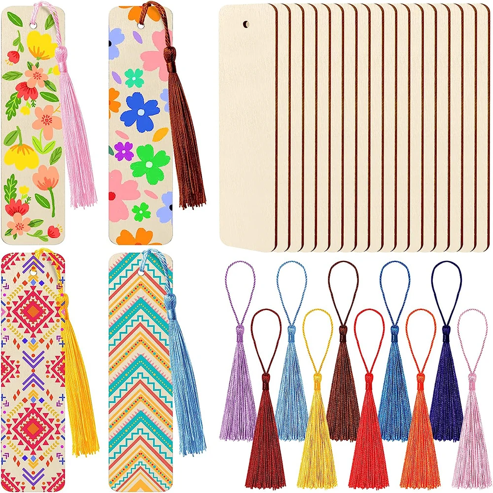 

30PCS Unfinished Wood Bookmark with Colorful Tassels Wooden Bookmarks Ornament Rectangle Hanging Tag with Holes for DIY Projects