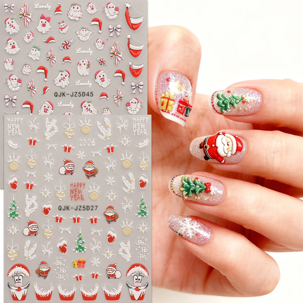 2 geprägte Weihnachts-Maniküre-Aufkleber, niedliches Cartoon-Thema, einfach anzubringende Nageldekoration, Heimwerken, Geschenke, Party-Make-up-Styling